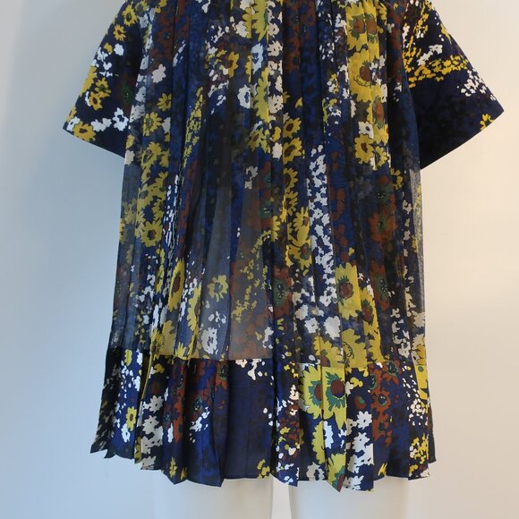 Women Sacai Blue Maoon Floral Corduroy Short Sleeve Pleated Top Blouse L - Picture 9 of 10